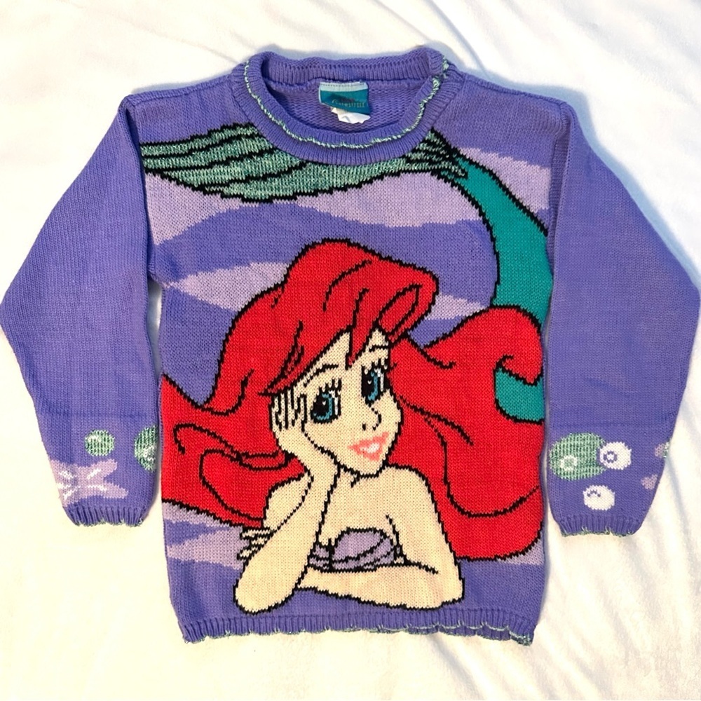 Vintage 90s Disney Ariel The Little Mermaid Knit Sweater 6X Girls Youth Purple